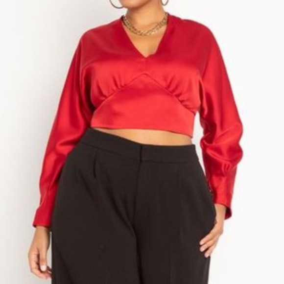 Eloquii Red Cropped V-Neck Long Sleeve Blouse - Picture 1 of 6